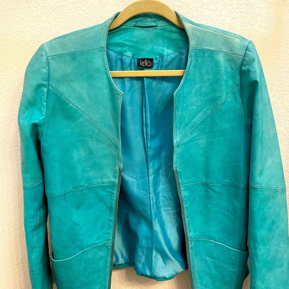 Retro sheep leather turquoise jacket